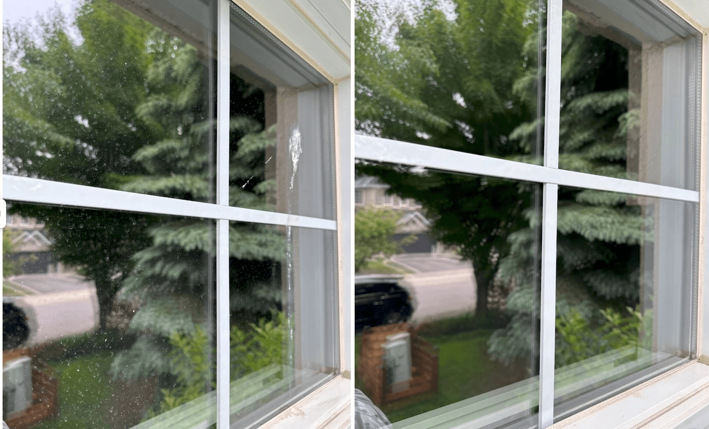 Before and after comparison of a streaky window versus a streak-free clean window